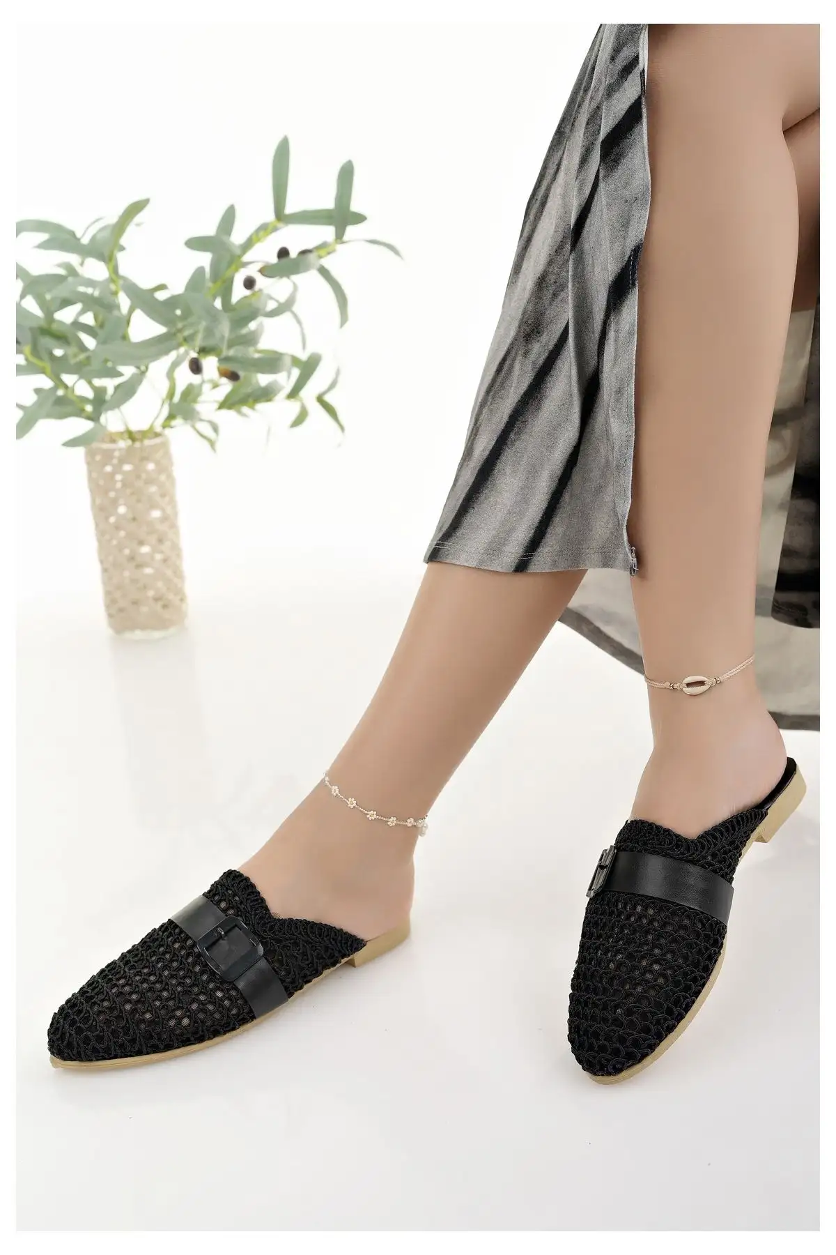 کفش اداری زنانه روزمره مشکی جلو بسته با بافت کنفی و بافت تریکو شیک مناسب برای خانه، ساحل، تعطیلات و محل کار - 5722