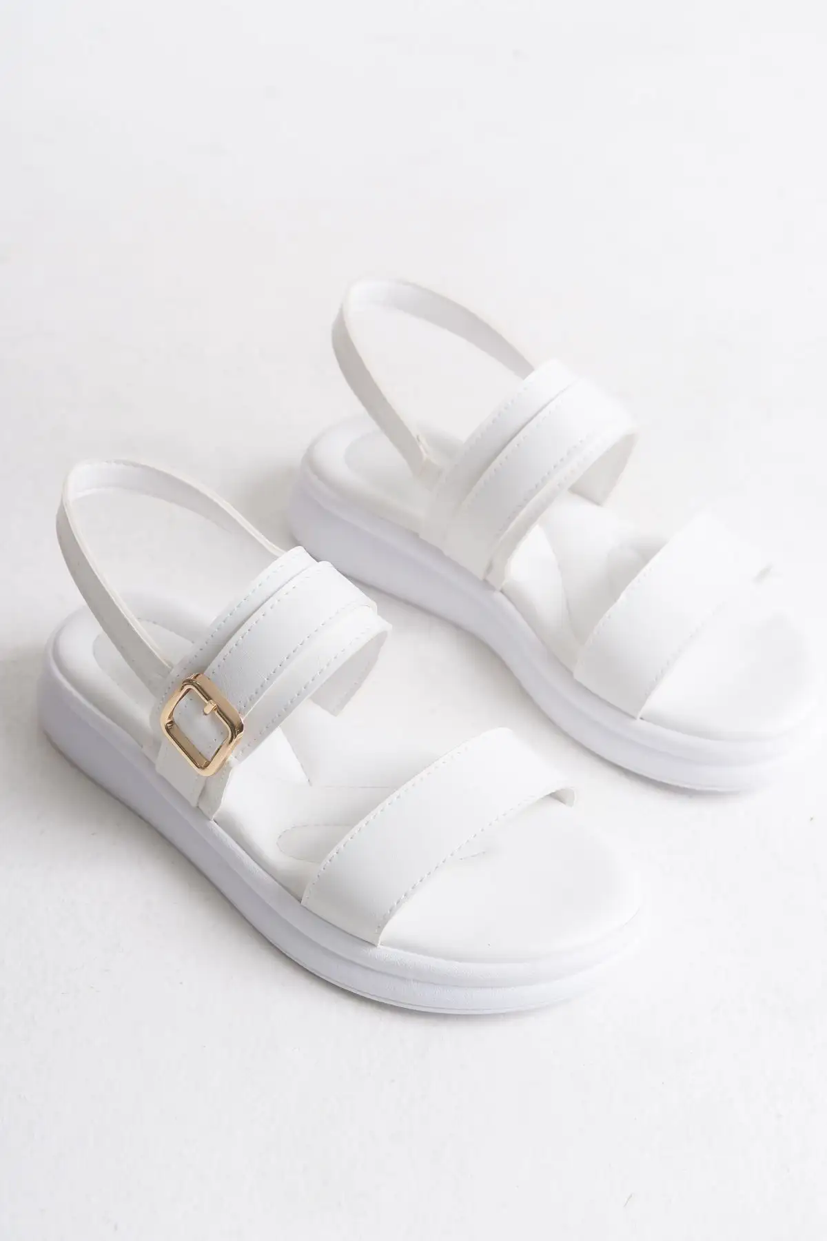 کفش صندل زنانه سندل روزمره راحت با جزئیات قفل دو بند سفید برای زنان - 7053
