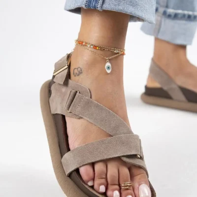 کفش صندل زنانه ساندال آذلیا با چرم طبیعی و بند قفل‌دار و رنگ ویزون - 6401