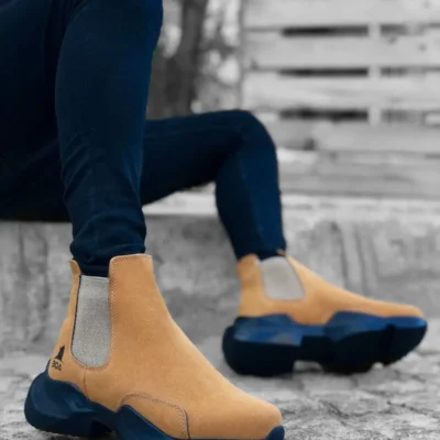 بوت مردانه نیمه‌بلند ورزشی با زیره بلند و بدون بند رنگ شتر - 6158