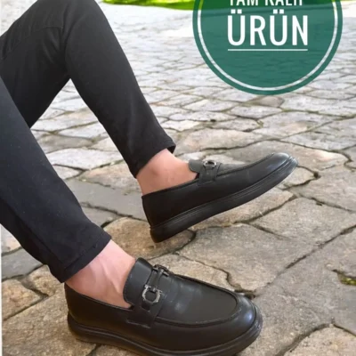 کفش روزمره مردانه لمه چرم سیاه - با قفل فلزی، راحت و شیک، طراحی کلاسیک - 5952
