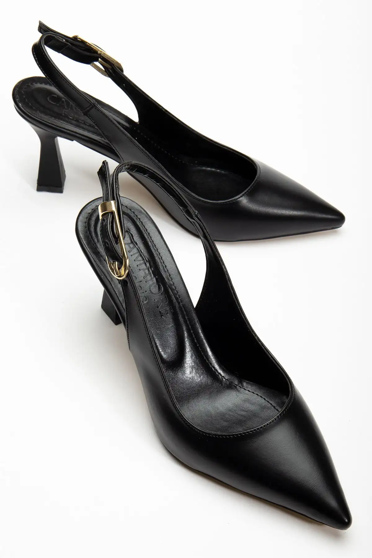 کفش مجلسی زنانه پاشنه‌دار مشکی چرم با بند راحت - 7152