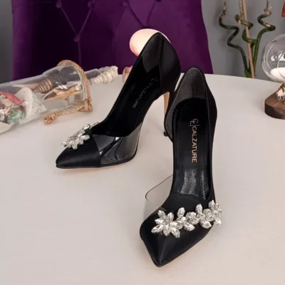 کفش مجلسی زنانه پاشنه بلند مشکی ساتن با پاشنه شفاف و سنگدار به ارتفاع 11 سانتیمتر - 6754