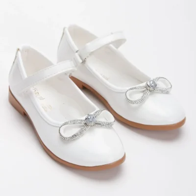 کفش دخترانه بچه‌گانه باله سفید رنگ با تزئین سنگی و پاپیونی، باله طبی سفید - 5868