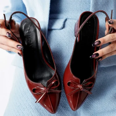 کفش اداری زنانه پاشنه کوتاه با نوک تیز و جزئیات پاپیون انتلا رنگ bordo - 6258