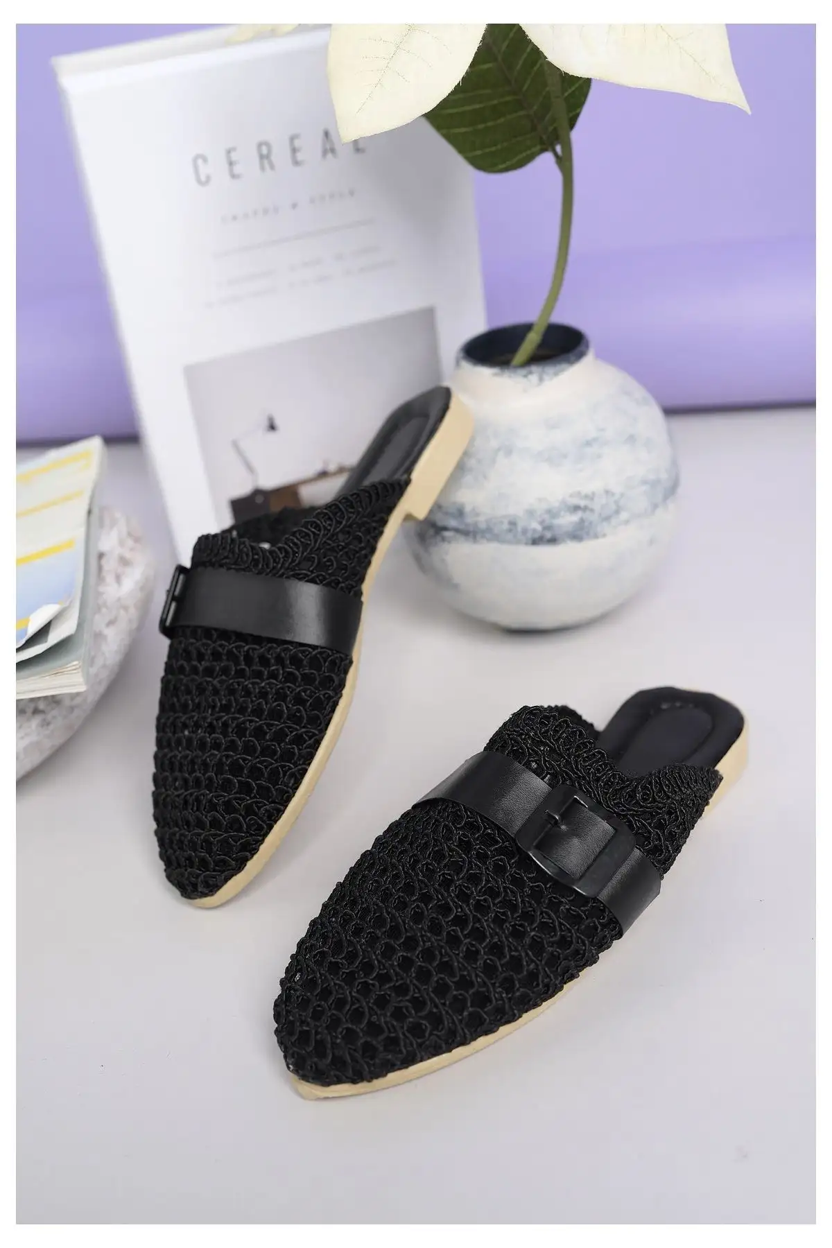 کفش اداری زنانه روزمره مشکی جلو بسته با بافت کنفی و بافت تریکو شیک مناسب برای خانه، ساحل، تعطیلات و محل کار - 5722