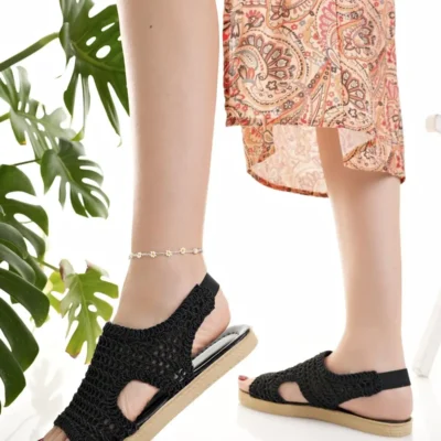 کفش صندل زنانه بافتنی مشکی با توری و گلدوزی، جدیدترین مدل مناسب برای تعطیلات تابستانی و سواحل - 6941