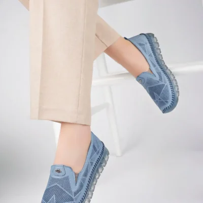 کفش ورزشی روزمره باله زنانه چرم طبیعی آجری آبی Dp75-0701 - 5541