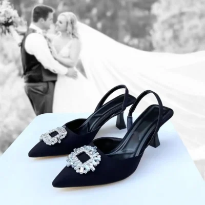 کفش مجلسی زنانه پاشنه 5 سانتی متر سنگ دار ساتن مشکی 0480 - 6736