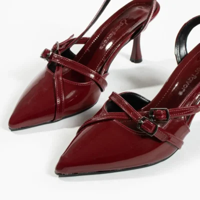 کفش پاشنه‌ بلند زنانه دار چرم مصنوعی بوردو با دو بند و سگک نوک تیز رنگ گیلاس - 5764