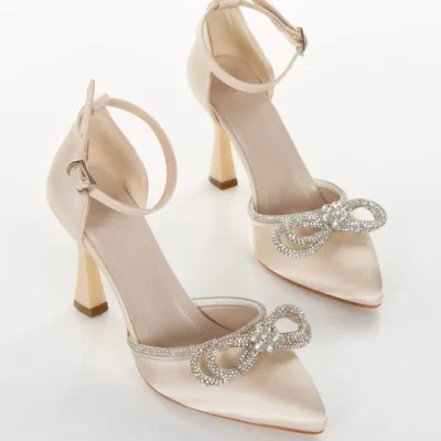 کفش مجلسی زنانه پاشنه بلند ساتن با گره زینتی Ten Saten Taş A086 - 6745