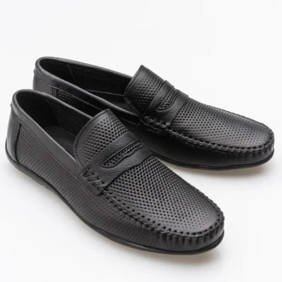 کفش روزمره مردانه لوفر چرم طبیعی جلی سیاه رنگ راحت - 7040