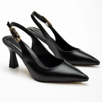 کفش مجلسی زنانه پاشنهدار مشکی چرم با بند راحت - 7152