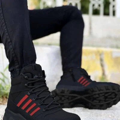 بوت مردانه کفش کوهنوردی یونی سکس لاستیکی با خط‌های سیاه و قرمز - 6678