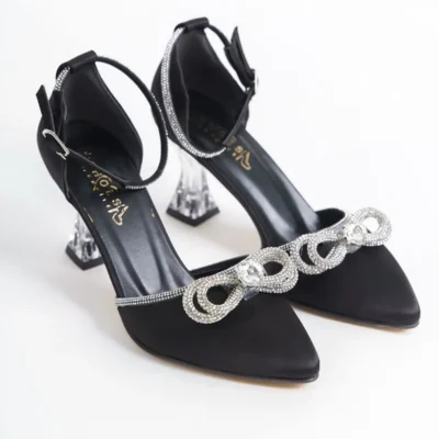 کفش مجلسی زنانه پاشنه شفاف با پاپیون و سنگهای تزئینی، رنگ مشکی - 6747