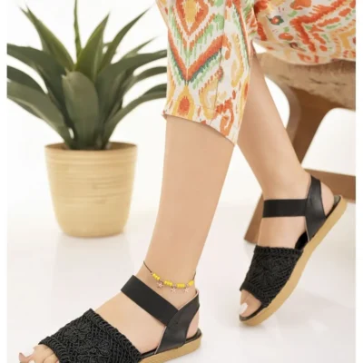 کفش صندل زنانه بافتنی مشکی گرهدار دارای گلدوزی، جدیدترین مدل فصل تابستان برای سواحل و تعطیلات - 6942