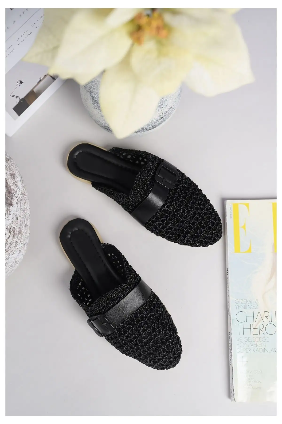 کفش اداری زنانه روزمره مشکی جلو بسته با بافت کنفی و بافت تریکو شیک مناسب برای خانه، ساحل، تعطیلات و محل کار - 5722