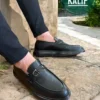 کفش روزمره مردانه لمه چرم سیاه - با قفل فلزی، راحت و شیک، طراحی کلاسیک - 5952