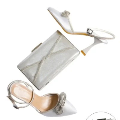 کفش مجلسی زنانه بسته و کیف با بند دور مچ و پاپیون با سنگ‌های تزئینی - 5695