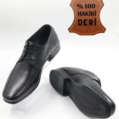 کفش رسمی مردانه کلاسیک با رویه و زیره چرم طبیعی مشکی بنددار مناسب استفاده روزمره - 7025