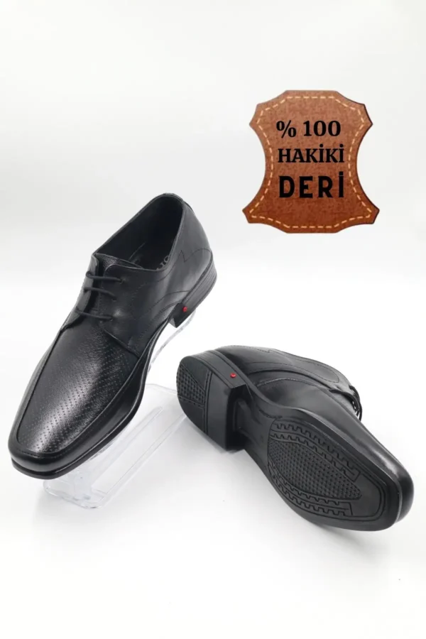 کفش رسمی مردانه کلاسیک با رویه و زیره چرم طبیعی مشکی بنددار مناسب استفاده روزمره - 7025