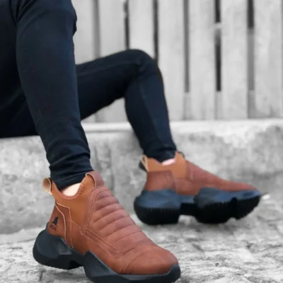 بوت مردانه Ba0401 نیمه ساق راحتی بدون بند با زیره بلند رنگ قهوه‌ای - 6156