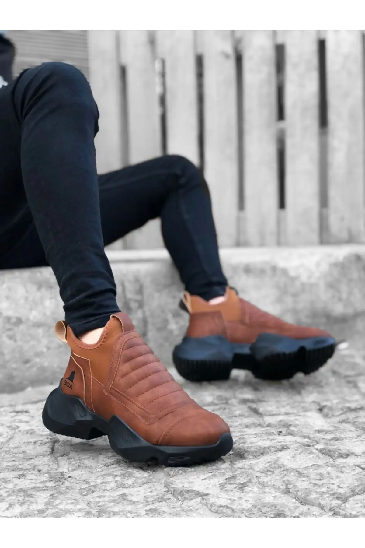 بوت مردانه Ba0401 نیمه ساق راحتی بدون بند با زیره بلند رنگ قهوه‌ای - 6156