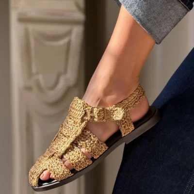 کفش صندل زنانه دمپایی رامونا با جزئیات کمربند بافت دار و کفه صاف - 6416