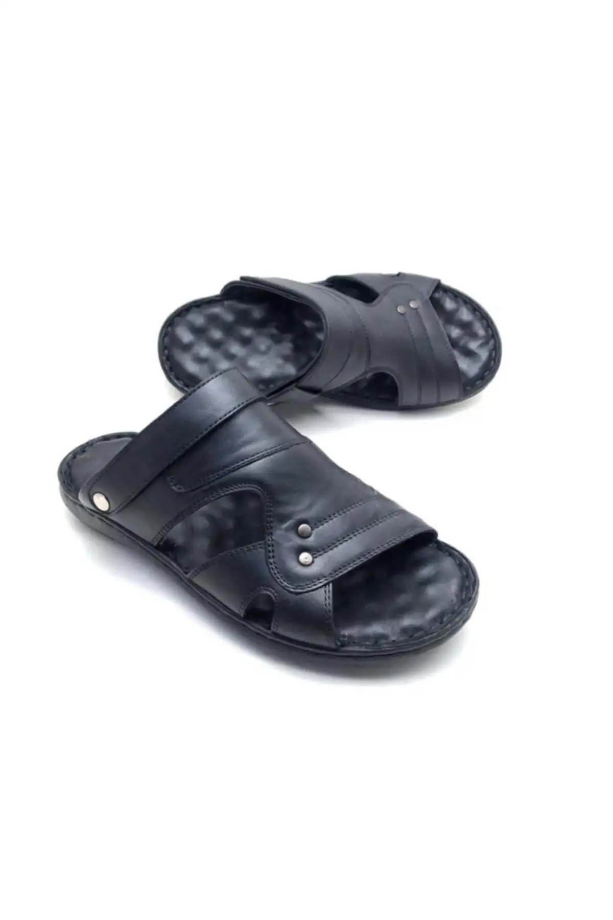 کفش سایز بزرگ مردانه دمپایی چرم مشکی ortopedik با ماساژ - 6822