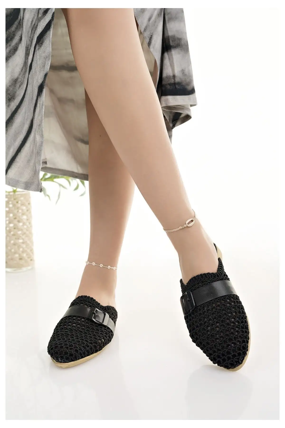 کفش اداری زنانه روزمره مشکی جلو بسته با بافت کنفی و بافت تریکو شیک مناسب برای خانه، ساحل، تعطیلات و محل کار - 5722