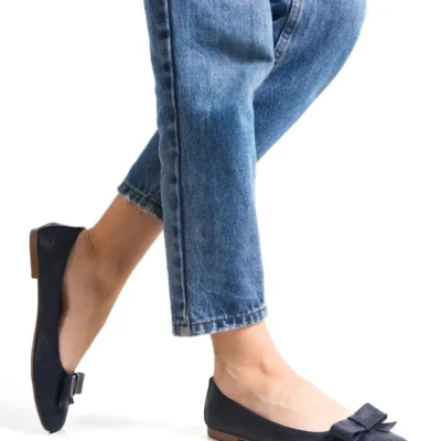 کفش مجلسی زنانه عروسکی چرم طبیعی آبی تیره DP58-4055 - 5684