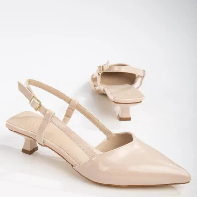 کفش پاشنه‌ بلند زنانه دار ۳ سانتی‌متری با نوک تیز و قفل‌دار روگن بژ - 5762