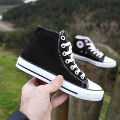 کفش دخترانه ورزشی کودکانه مشکی و سفید با یقه بلند از جنس کتان - 6884