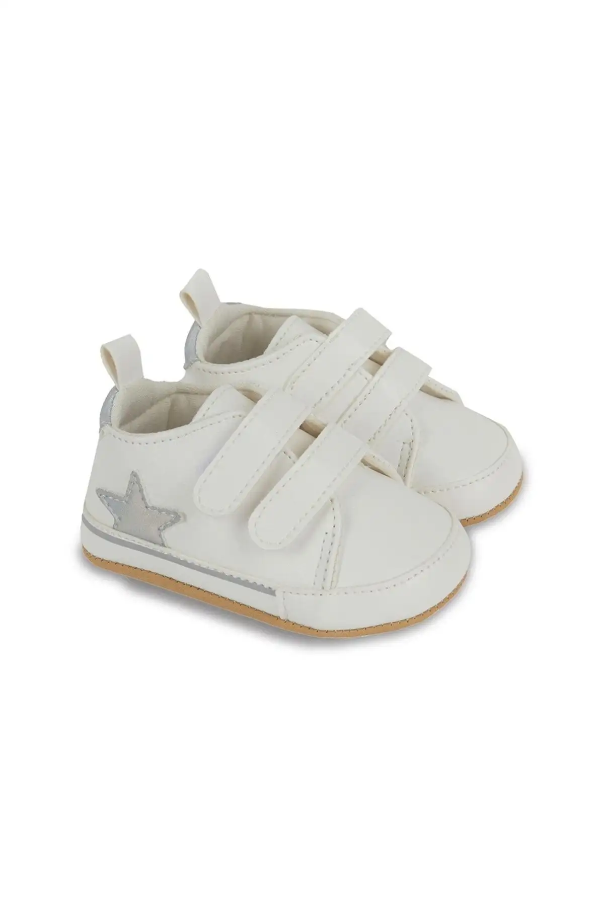 کفش نوزاد دختر پاپوش انه ی با بند چسبی سفید و ستارههای نقرهای - مدل g-2352 - 5480 کفش نوزاد دختر پاپوش انه ی با بند چسبی سفید و ستارههای نقرهای - مدل g-2352 - 5480