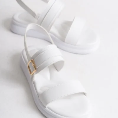 کفش صندل زنانه سندل روزمره راحت با جزئیات قفل دو بند سفید برای زنان - 7053