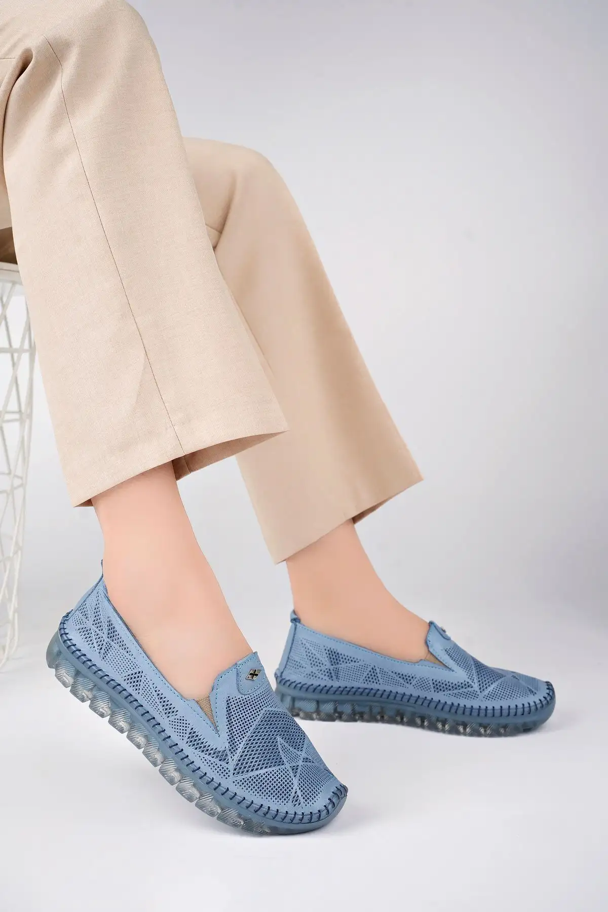 کفش ورزشی روزمره باله زنانه چرم طبیعی آجری آبی Dp75-0701 - 5541