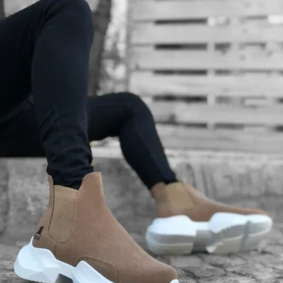 بوت مردانه کفش نیم‌ اسپرت یراق‌دار راحت با کفی بلند و رنگ بژ - 6159