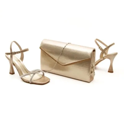 کفش مجلسی زنانه و کیف با سنگ‌های تزئینی ترکیب شده در رنگ طلایی - 6225