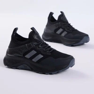 کفش پسرانه ورزشی راحت و تنفس پذیر بچه‌گانه یونی‌سکس مشکی و طوسی با بند - 5775