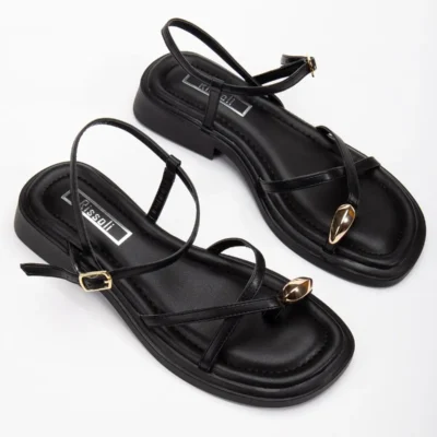 کفش صندل زنانه رینگ طلایی روزمره مشکی ریصولی - 6403