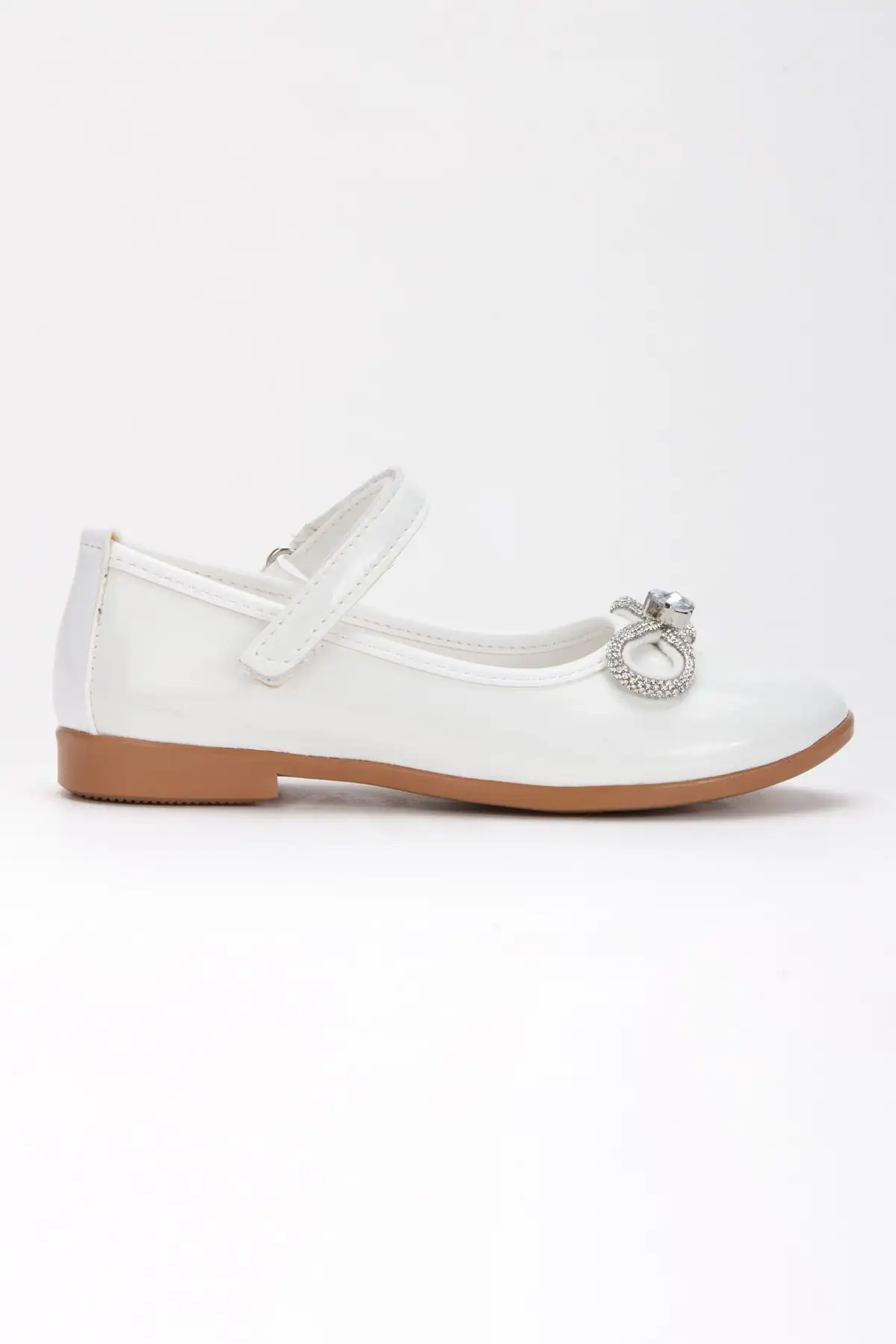 کفش دخترانه بچه‌گانه باله سفید رنگ با تزئین سنگی و پاپیونی، باله طبی سفید - 5868