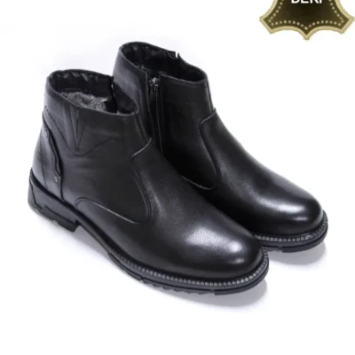 بوت مردانه لتائو پدر، مشکی چرمی اصل با زیپ و پشمدار - 6836