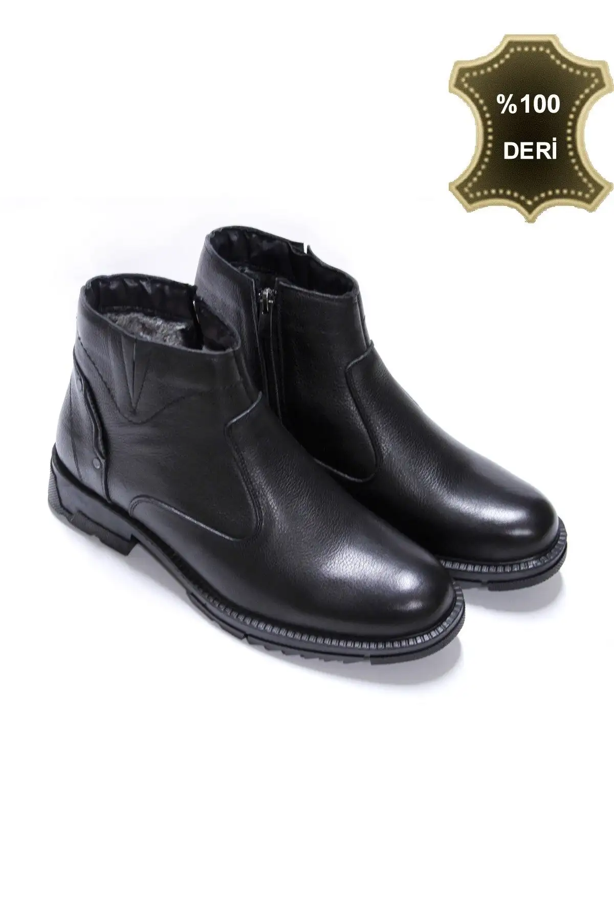 بوت مردانه لتائو پدر،   مشکی چرمی اصل با زیپ و پشمدار - 6836 بوت مردانه لتائو پدر، مشکی چرمی اصل با زیپ و پشمدار - 6836