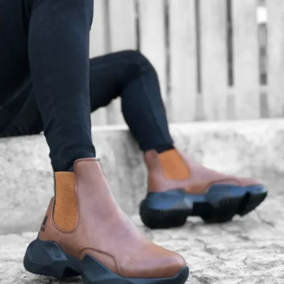 بوت مردانه Ba0444 نیمه چکمه‌ای راحت با زیره بلند و بدون بند به رنگ قهوه‌ای تیره - 6161