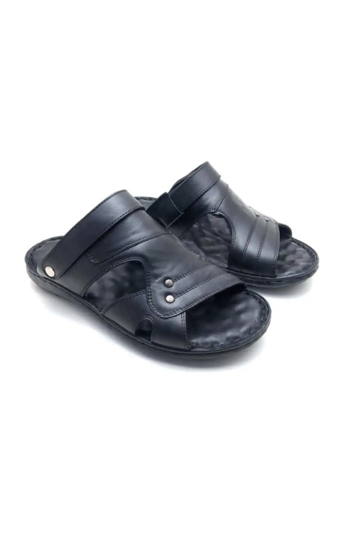 کفش سایز بزرگ مردانه دمپایی چرم مشکی ortopedik با ماساژ - 6822