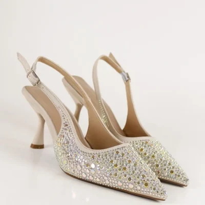 کفش مجلسی زنانه پاشنهبلند با جزئیات سنگی رنگ بژ - 6755