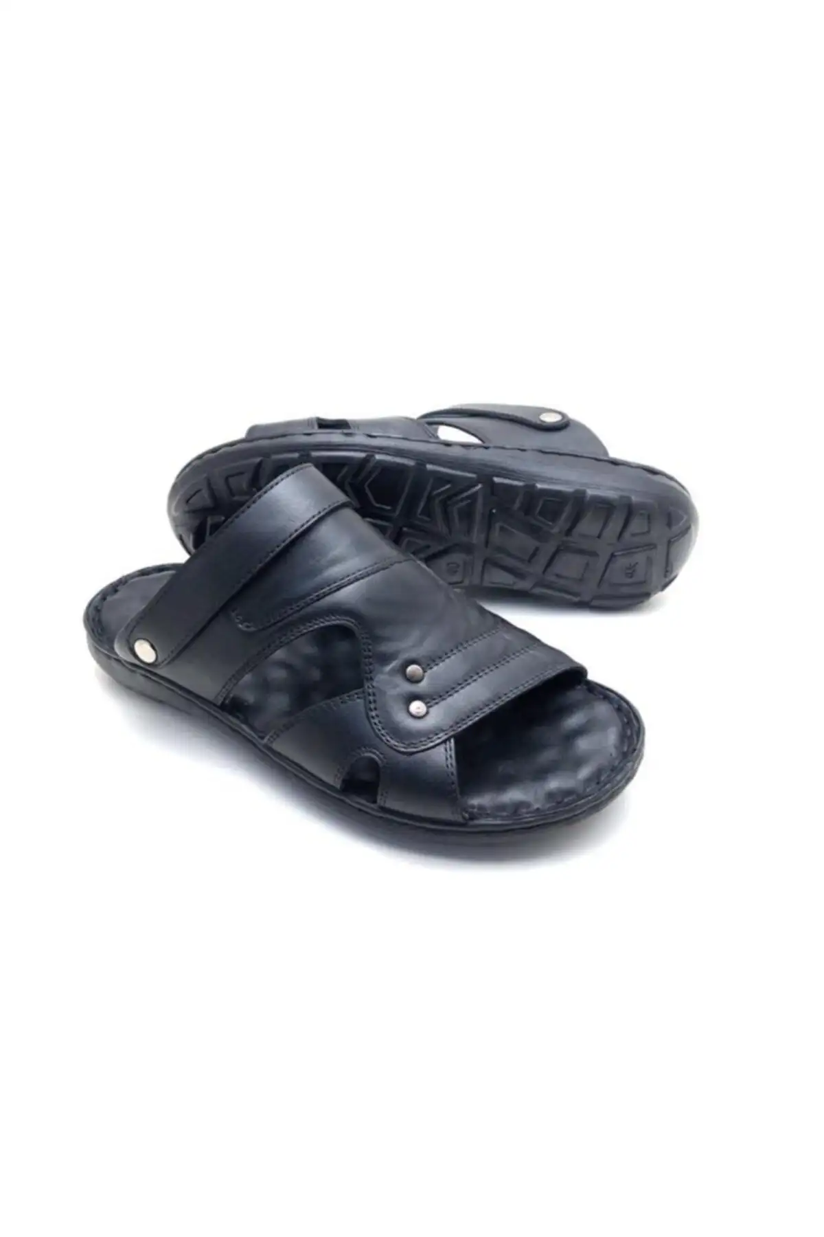 کفش سایز بزرگ مردانه دمپایی چرم مشکی ortopedik با ماساژ - 6822