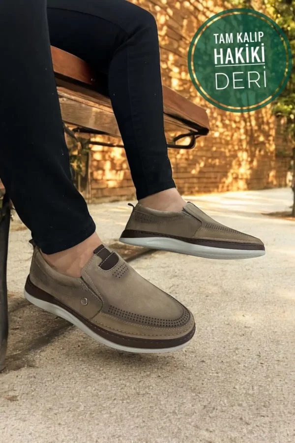 کفش رسمی مردانه لوفر چرم طبیعی بدون بند قهوه‌ای-جوشی – سبک روزمره و نیمه - 6356
