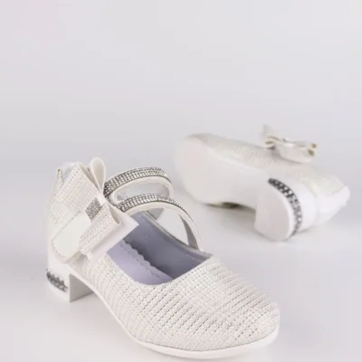 کفش دخترانه مدل باله با پاپیون و سنگ‌های زینتی - سفید براق - 5835