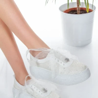 کفش تخت زنانه عروس سفید با درخشش سفید و مرواریدها، ارتفاع 5 سانتیمتر، بسیار راحت. - 7185